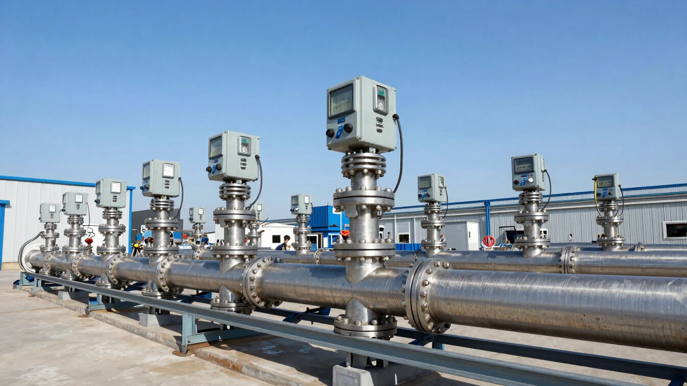 Stainless steel borehole manifolds and pump controllers in a clean industrial facility.