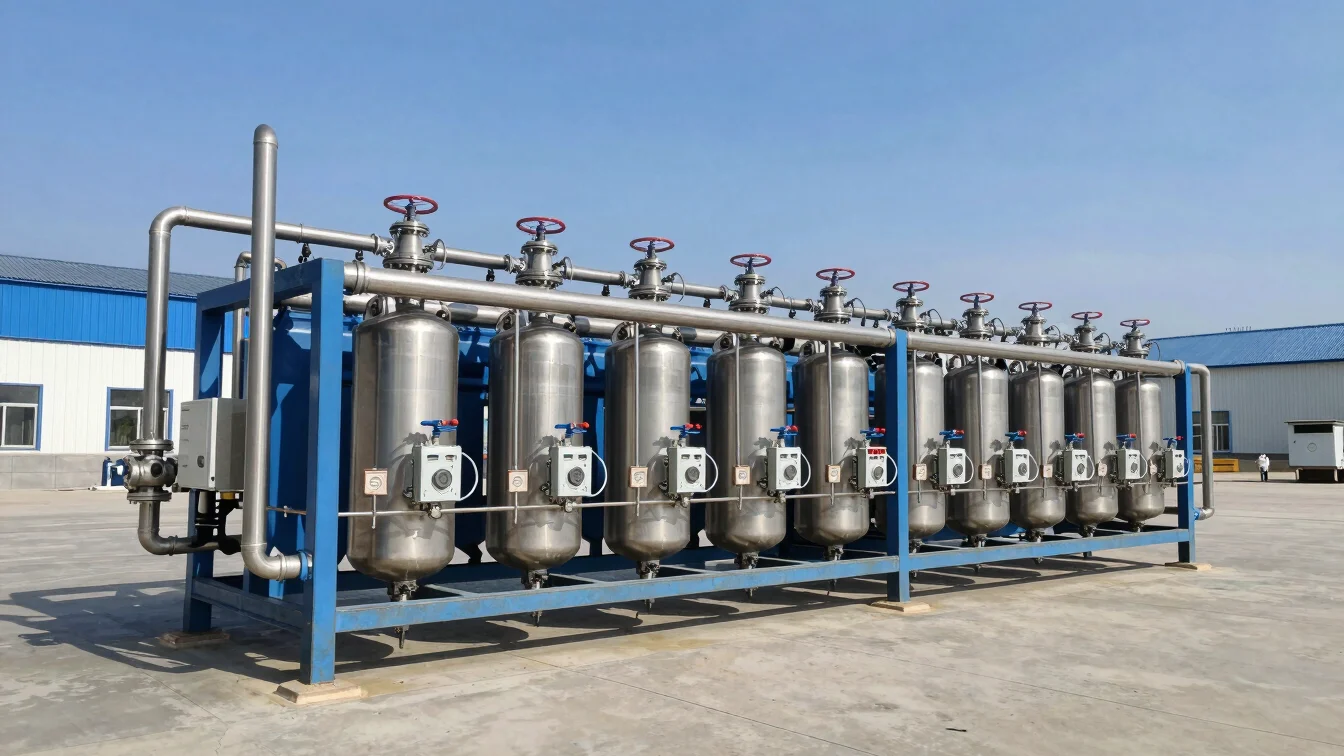 Modular industrial water filtration skids with stainless steel piping and automated control valves.
