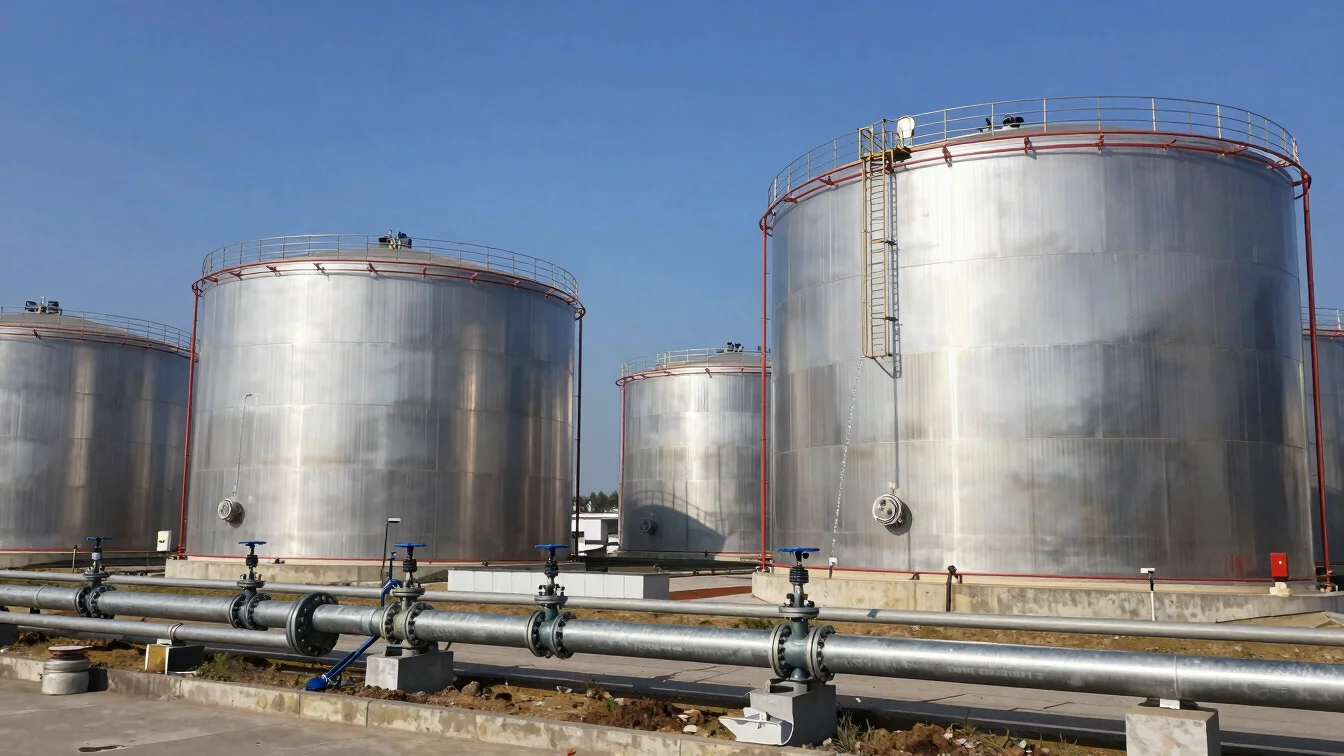 Large commercial storage tanks receiving clear water flow from a pressurized off-grid distribution line.