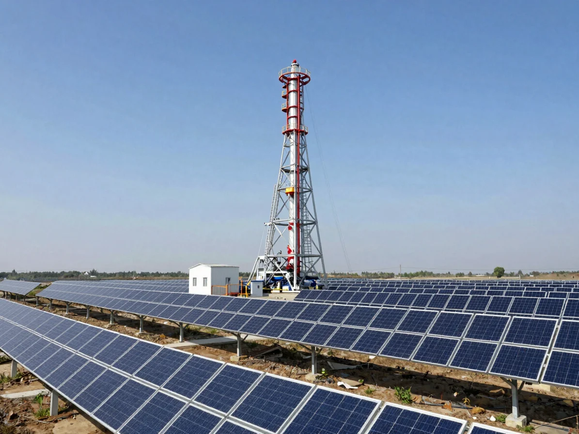 Wide environmental shot of ground-mounted solar panel arrays feeding a deep borehole pumping station under bright natura