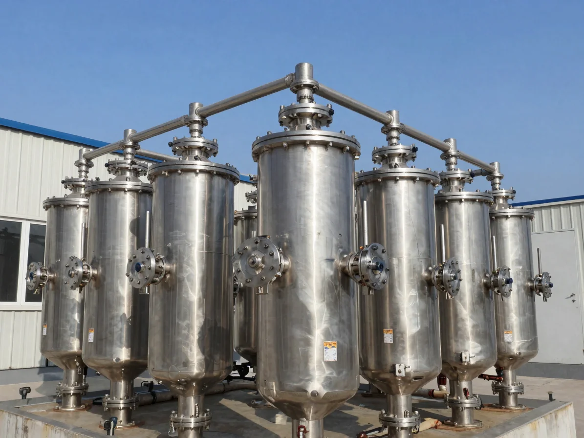 Close-up of stainless steel filtration skids and pressure manifolds inside an industrial control enclosure under clean l