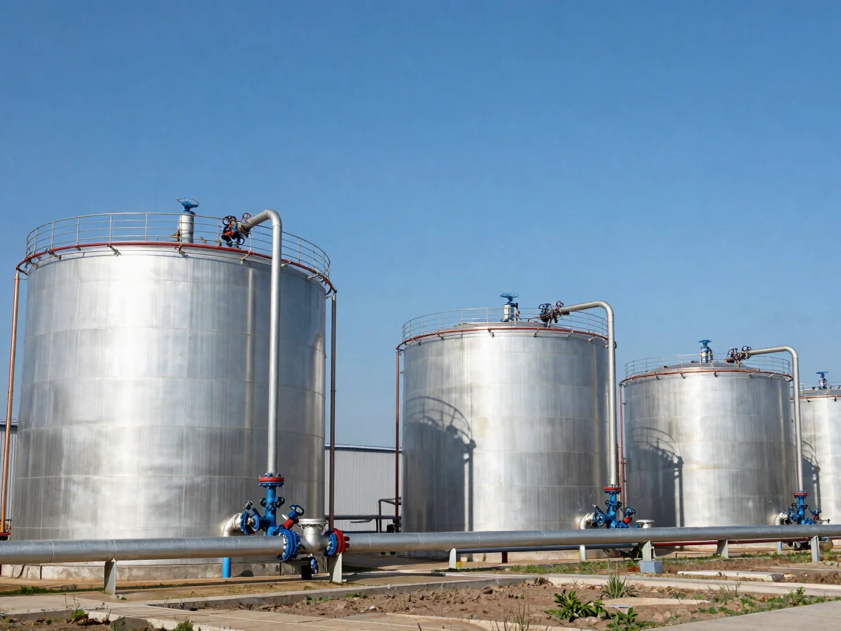 Clear water flowing into heavy-duty storage tanks from a high-pressure distribution pipeline under a clear blue sky.