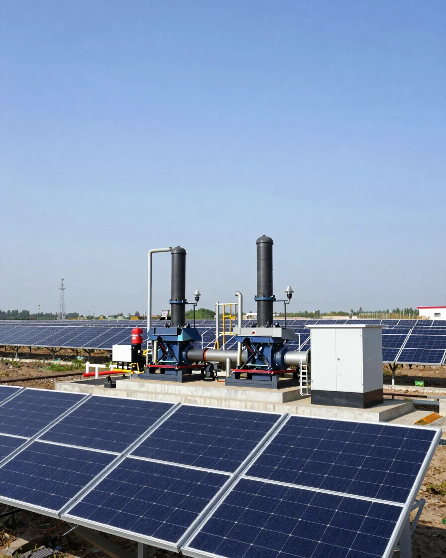 Ground-mounted solar panel arrays feeding industrial pumping stations under bright daylight with clean engineering contr